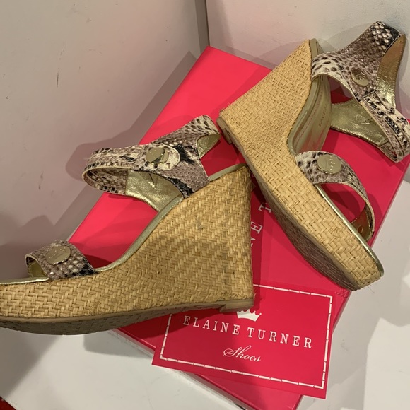 NWB 👑 Elaine Turner Kelcie Leather Raffia Wedge Platform Sandal Tan Gold Black - Picture 2 of 15